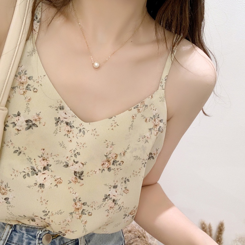 Áo Voan Hai Lớp Cổ Chữ V In Họa Tiết Hoa Vintage Gợi Cảm Cho Nữ