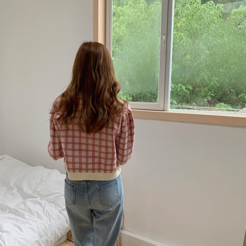 Áo khoác cardigan dệt kim tay dài họa tiết sọc caro phong cách Hàn Quốc thanh lịch