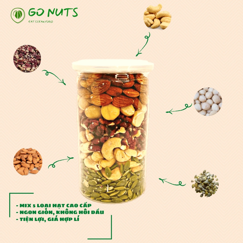 Mix 5 loại hạt dinh dưỡng 500g GO NUTS Hạnh nhân, Macca, Óc chó, Hạt điều, Bí xanh, Ngũ cốc dinh dưỡng hỗ trợ giảm cân