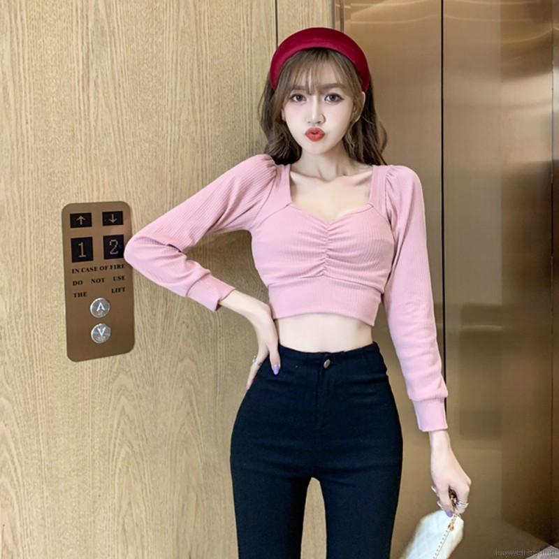 [Baywellfashion]Retro Square Collar Elastic Tight  Long Sleeve Crop Tops | BigBuy360 - bigbuy360.vn