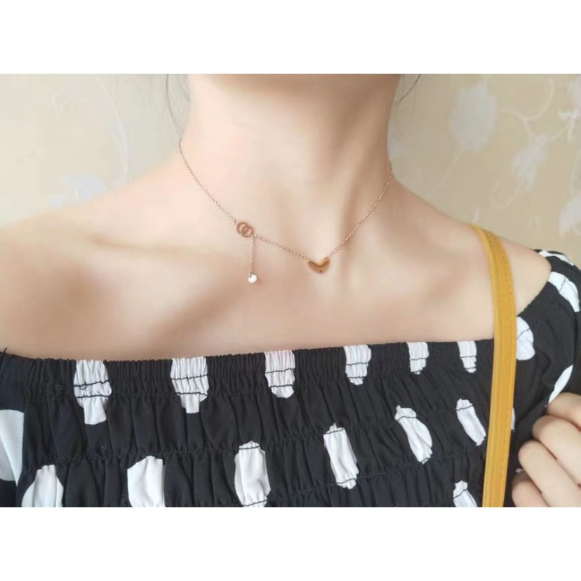 Dây Chuyền Thép Titan Mạ Vàng Hồng 18K Mặt Hình Trái Tim Đính Đá Zircon Phối Tua Rua Thời Trang Cho Nữ