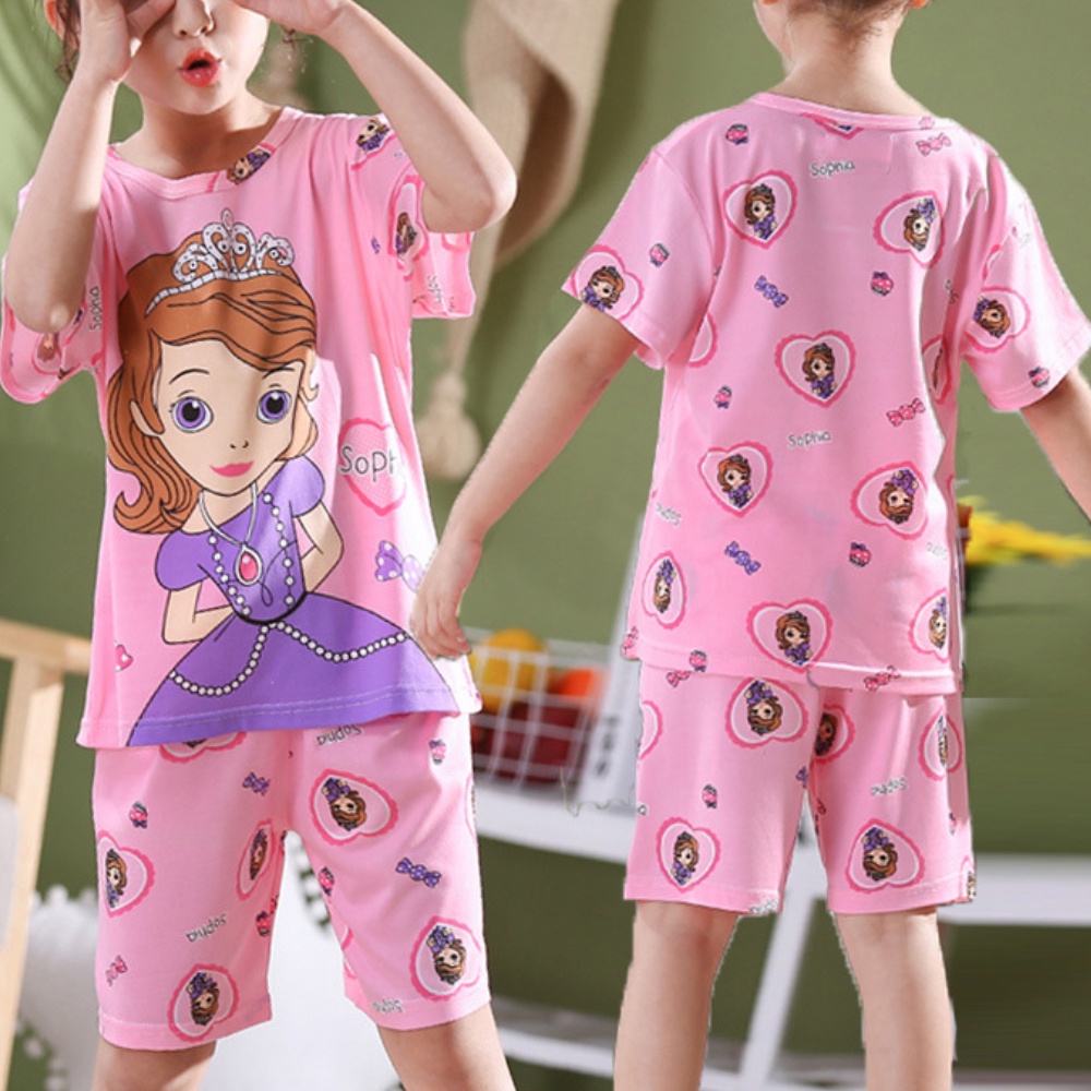 Bộ đồ ngủ tay ngắn chất liệu polyester thoải mái in họa tiết hoạt hình đáng yêu cho bé