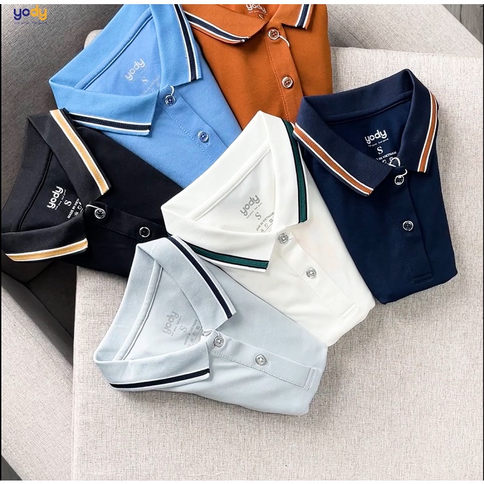 Áo polo nữ YODY vải pique hiệu ứng mắt chim phối tay cổ kẻ APN5036