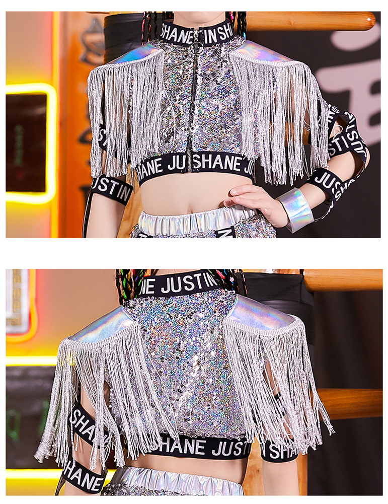 Kids Girls Sequins Jazz Dance Costume Korean Hip Hop Clothing  Streetwear Crop Tops Shorts Set Stage Performance Wear