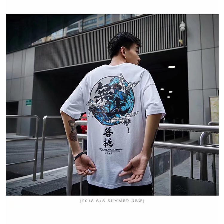 Áo Thun Tay Ngắn Dáng Rộng In Họa Tiết Trung Hoa Thời Trang Cho Nam Size M-8XL
