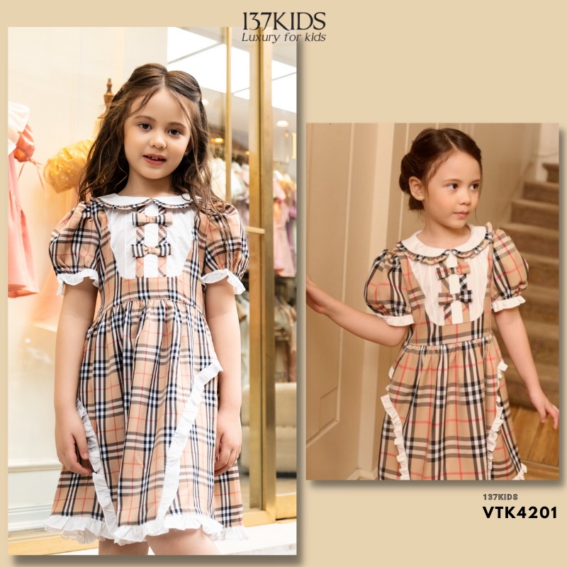 Váy cộc tay thô đũi thiết kế 137Kids cổ nơ bèo dễ thương kẻ alice cho bé gái đi chơi, đi dự tiệc