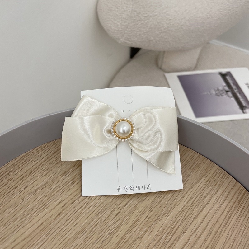 Kẹp tóc nơ nhỏ màu trắng kem đính đá thanh lịch N45