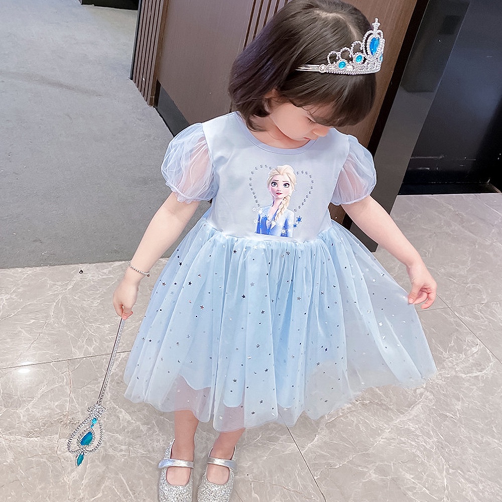 Đầm Công Chúa Phối Ren In Hoạt Hình Frozen Thời Trang Hè Xinh Xắn Cho Bé Gái