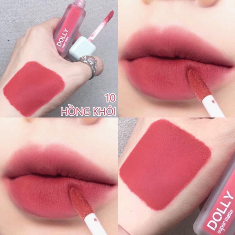 Son kem lì màu 10 hồng khói Dolly super matte, son kem lì không chì bền màu lâu trôi, mua 2 cây tặng 1 hộp đựng cao cấp