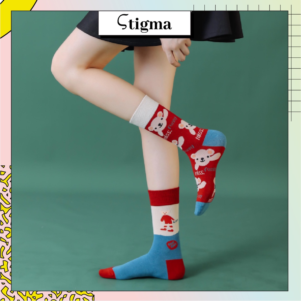 Tất Cao Cổ Lệch Nữ Nam hoạ tiết hình phong cách Vintage vớ độc lạ - stigma