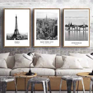 Bộ 3 tranh in vải canvas kỳ quan thế giới trắng đen 40x60 kèm khung