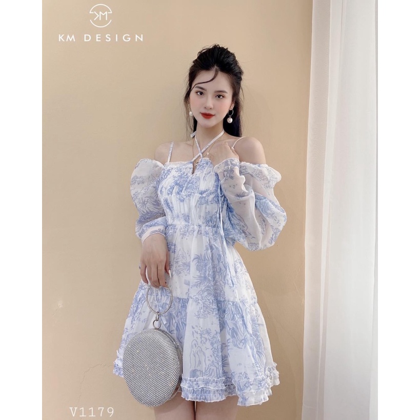 đầm voan hoa bẹt vai nữ tính nhẹ nhàng trong veo pu