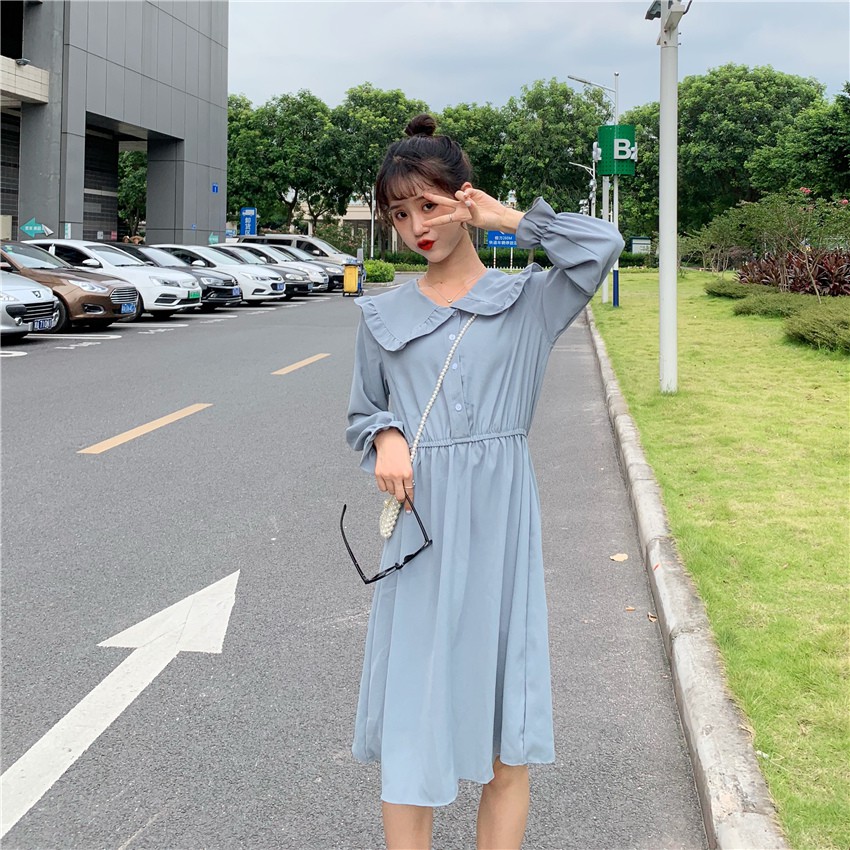 🌸Xả Có Hạn🌸Đầm Xanh Tay Dài Phối Cúc Xinh Xắn Theo Phong Cách Hàn Quốc