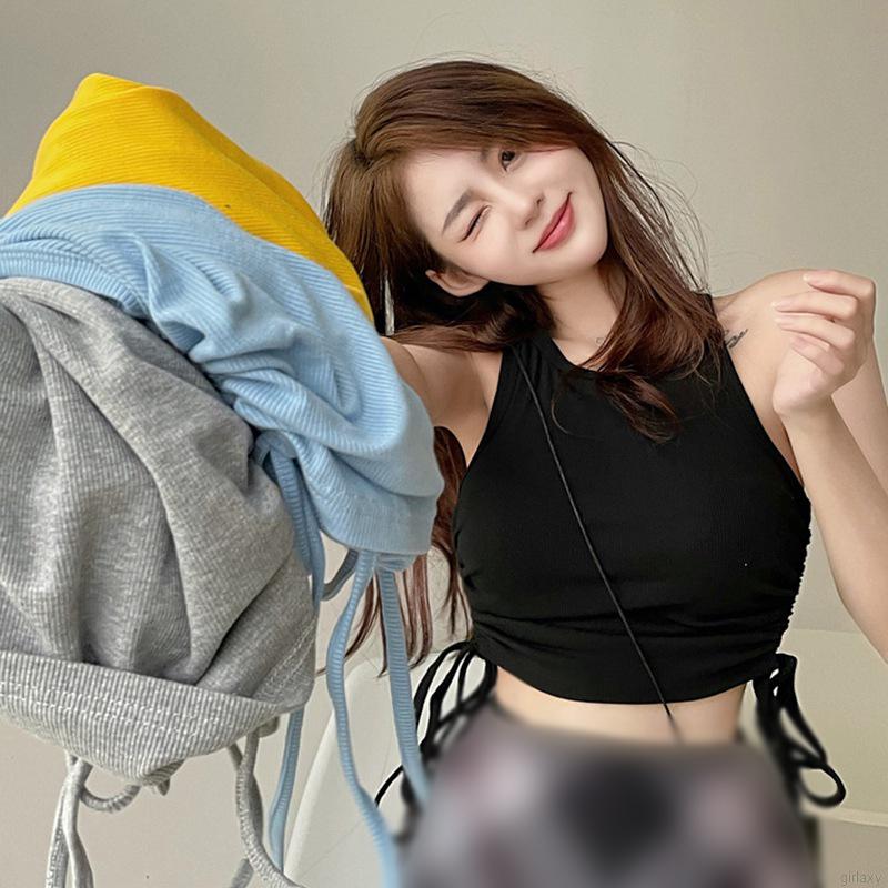Áo Croptop Sát Nách Màu Trơn Phối Dây Rút Phong Cách Hàn Quốc