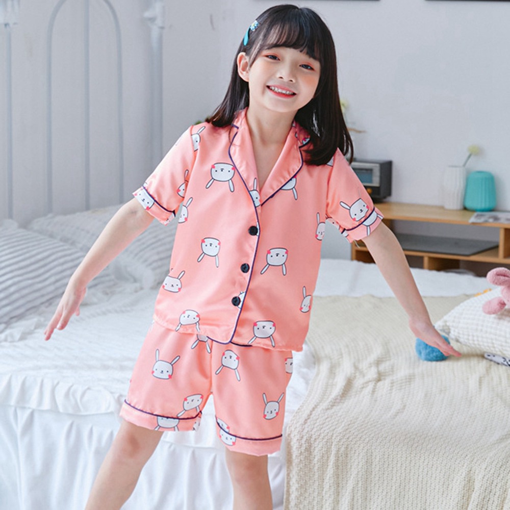 Kids Pajamas Silk Short Sleeve Set Print Dinosaur Rabbit Baby Girls Boys Sleepwear Housewear Pyjamas