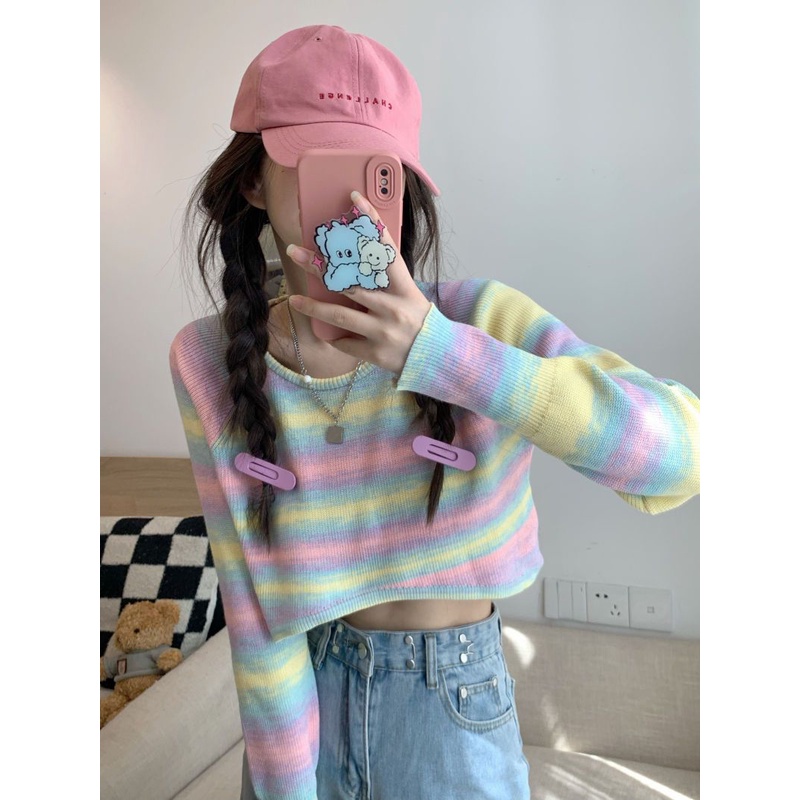 Jiashucheng Áo Thun Dệt Kim Dáng Rộng Eo Cao Kẻ Sọc Màu Gradient Kiểu Mỹ Xinh Xắn Cho Bạn Gái