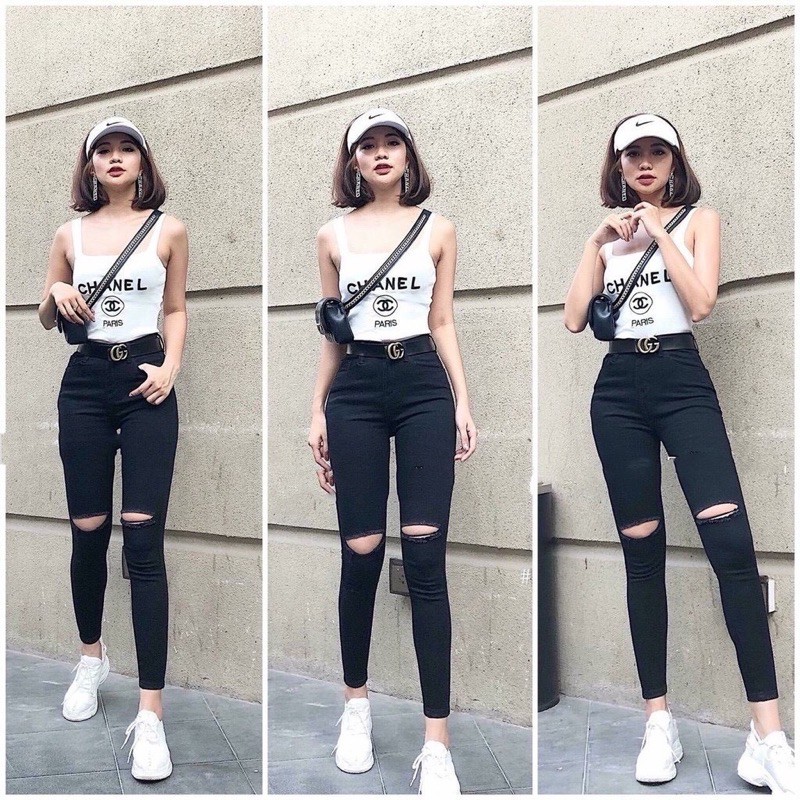 Quần jeans ôm đen LƯNG CAO CO DÃN trơn rách loại 1 không phai màu nữ