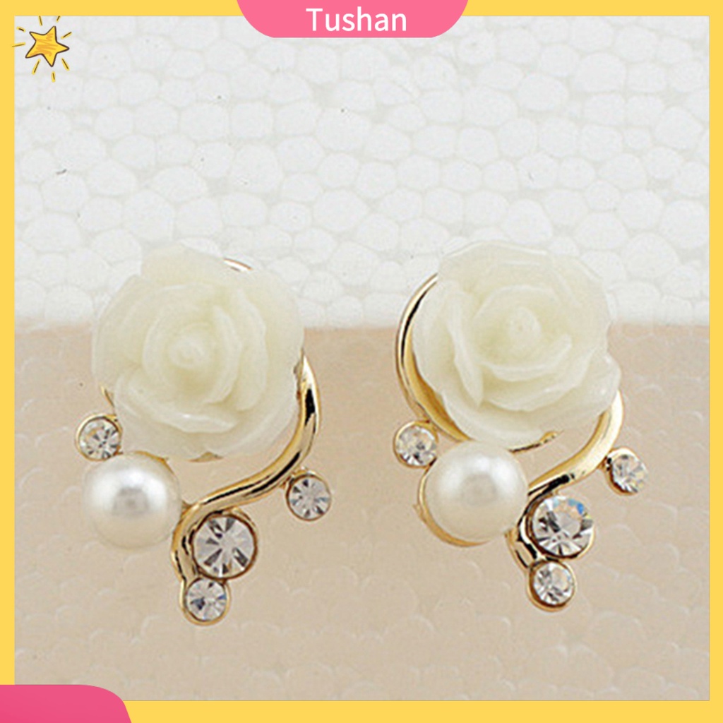 Bông tai hình hoa hồng đính kim cương và ngọc trai giả phong cách Hàn Quốc ngọt ngào cho nữ