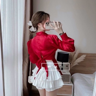 Áo  kiểu sơmi lụa cúc bọc buộc nơ sau( chất tuyết nhung siêu sang )