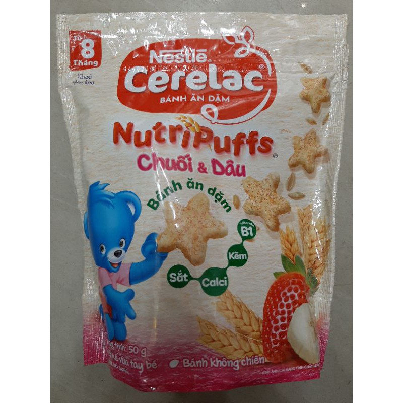 Bánh ăn dặm Nestle CERELAC Nutripuffs vị dâu và chuối 50g (Từ 8 tháng)