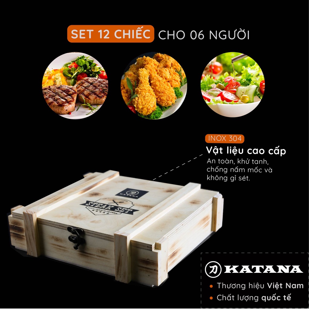 Bộ dao và dĩa beefsteak inox KATANA hộp gỗ KATASTK01 12 món