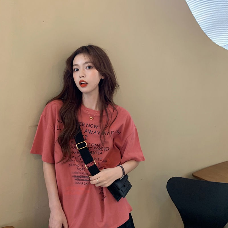Rose Pink Short Sleeve T-Shirt women's fashion summer 2021 new Korean version Harajuku mid long loose half sleeve top