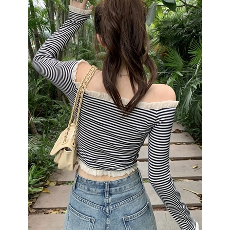 Áo Thun Tay Dài Trễ Vai Họa Tiết Kẻ Sọc Thiết Kế Mới Thời Trang Mùa Thu Quyến Rũ Cho Nữ