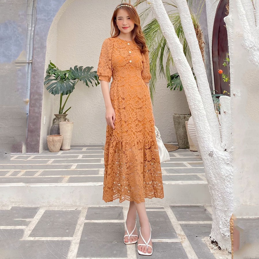 Đầm ren hoa MIMIX váy tay phồng đính cúc ngọc phối chân đuôi cá 5 màu ôm eo AQ9205 | BigBuy360 - bigbuy360.vn