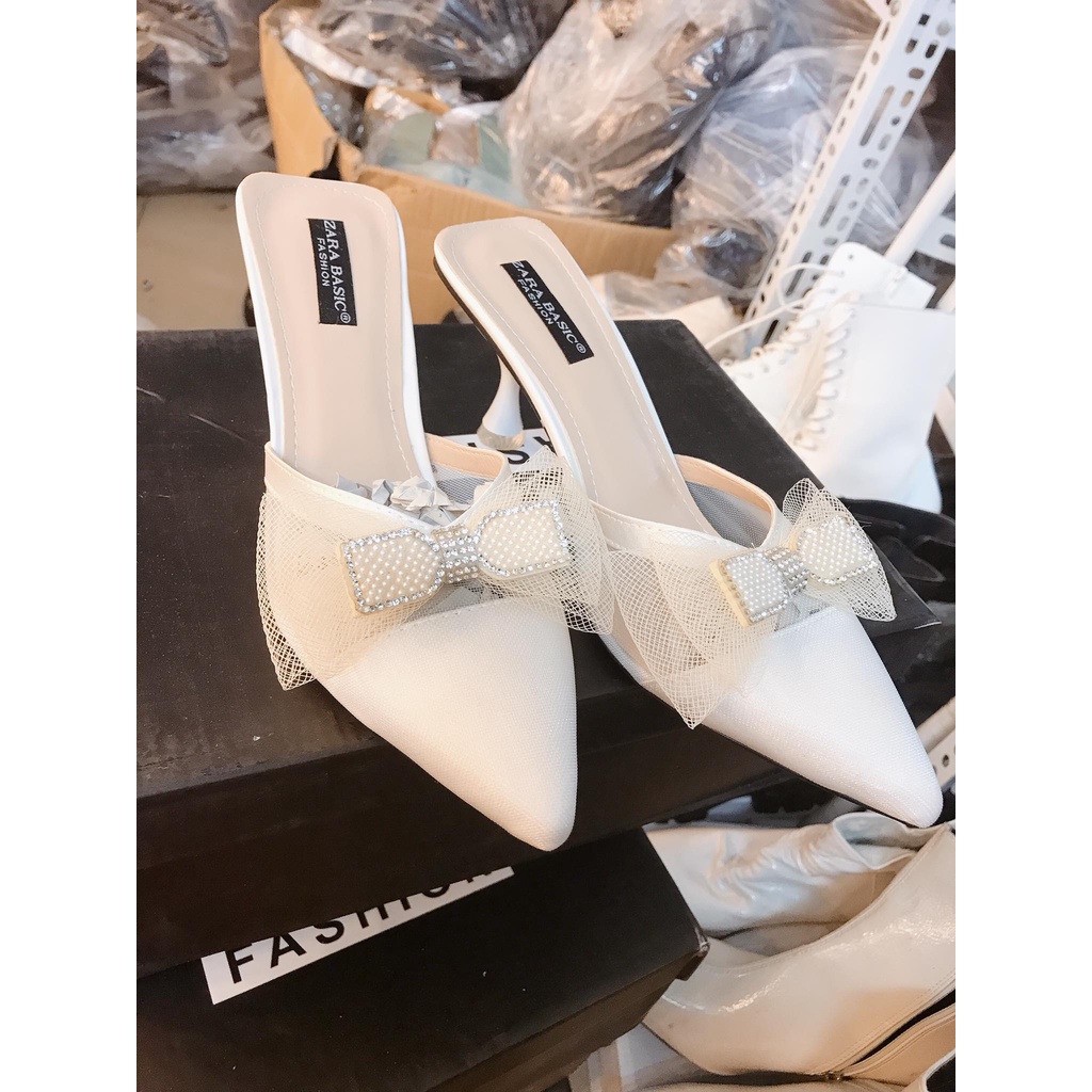 Guốc Zara mũi nhọn nơ ren 7p