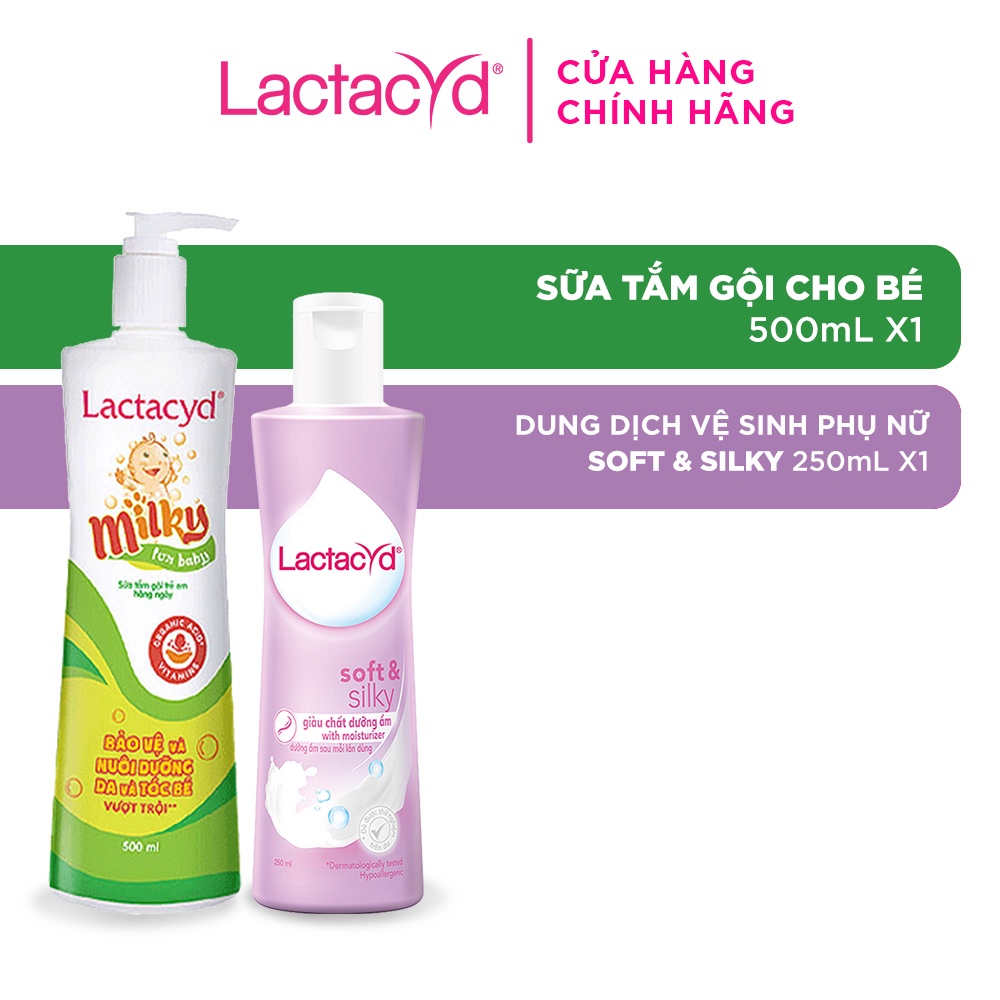 Bộ Dung Dịch Vệ Sinh Phụ Nữ Lactacyd Soft &amp; Silky Dưỡng Ẩm 250ml + Sữa Tắm Gội Trẻ em Lactacyd Milky 500ml