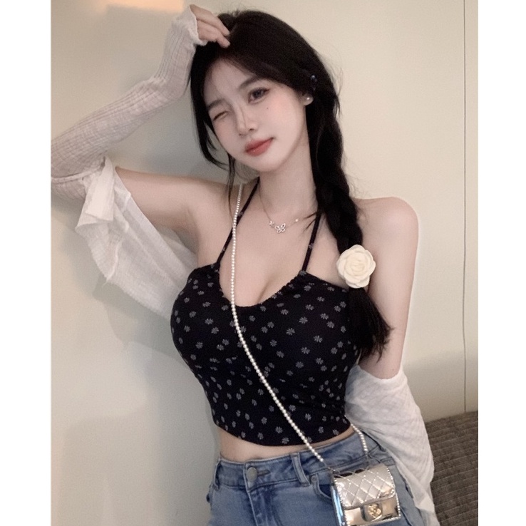 QKOOLE  Áo Tank top Hoạ Tiết Hoa Phong Cách Hàn Quốc