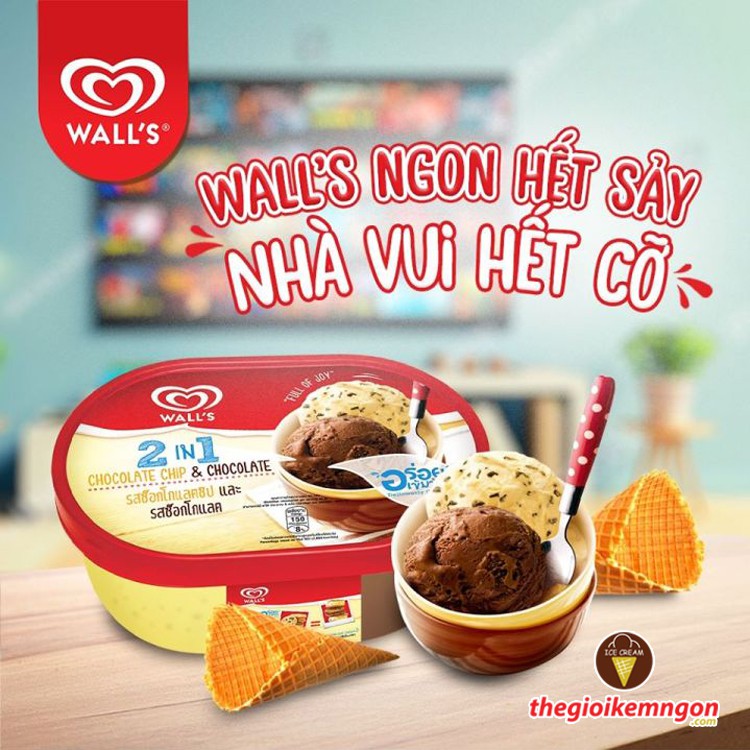 Kem hộp socola vụn socola Wall's 2in1 Chocolate Chip & Chocolate