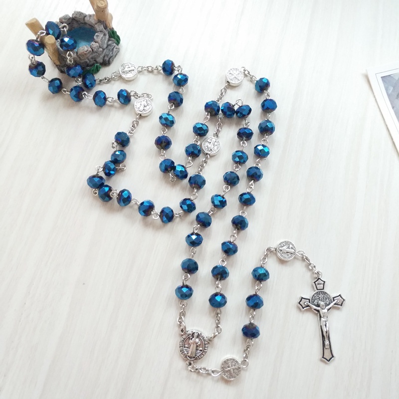 Catholic Vòng cổ Chuỗi Hạt Pha Lê Màu Xanh Dương Hình Thánh Benedict Medal