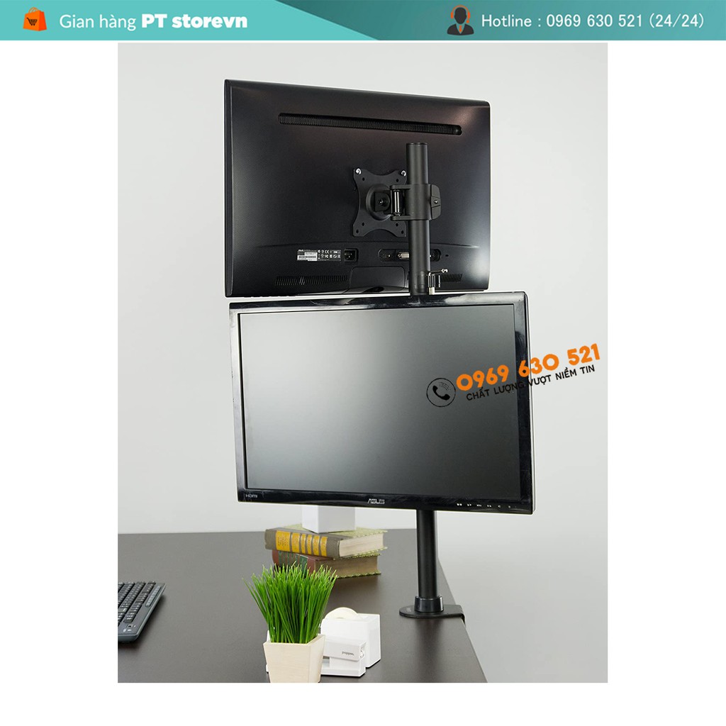 Giá Treo 2 Màn Hình 17 – 27 Inch Kẹp Bàn M063 Trụ Cao 80 Cm - Xếp Màn Trên / Dưới - Xoay Màn 360°