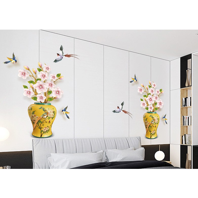Decal trang trí tường - Chậu hoa vàng Hoa Mai hồng trắng nổi bật