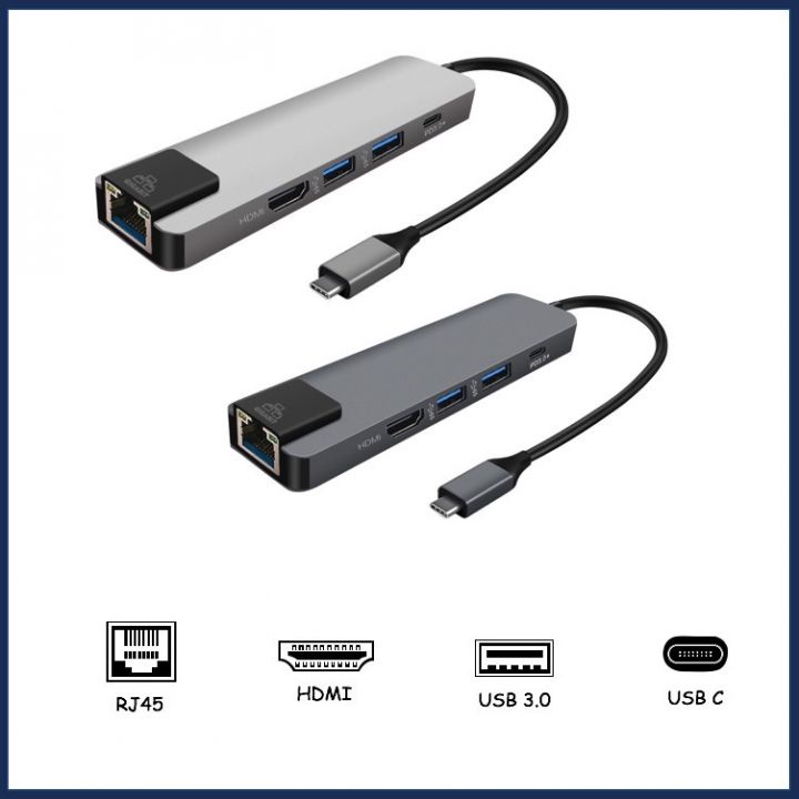 Hub USB Type C 5 in 1 To HDMI, RJ45, 2 x USB 3.0, USB Type C - Hàng Chính Hãng