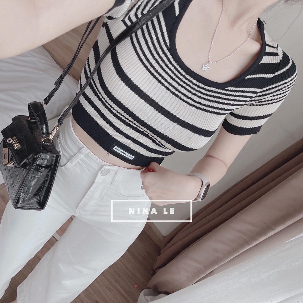 Sét áo len  kẻ ngang viền cổ cộc tay kèm quần bò trắng thêu gấu
