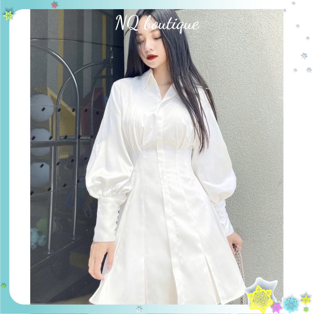 Đầm dự tiệc trắng cổ sơ mi vải phi lụa cực mềm mịn