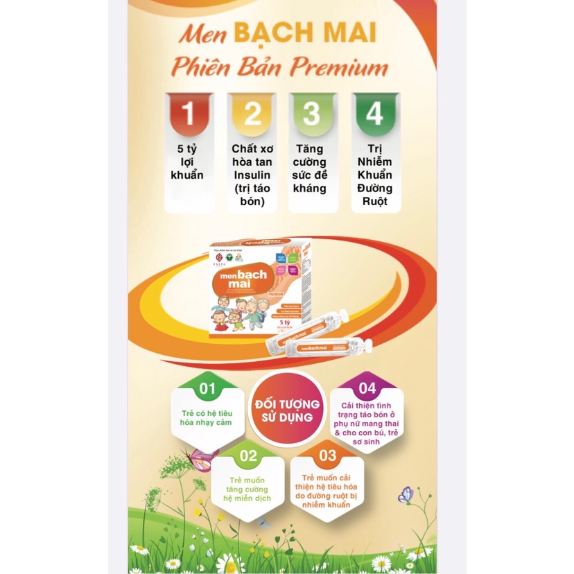 Men Bạch Mai premium với 5 tỉ lợi khuẩn và chất xơ hòa tan.
