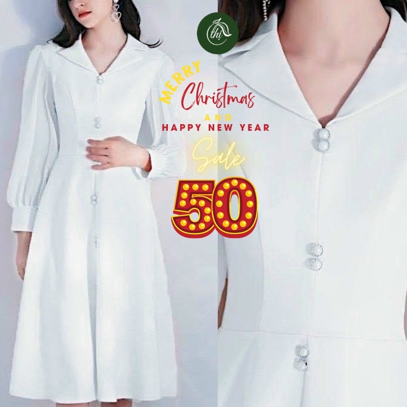 Váy trắng cổ vest tay phồng đính ngọc thanh lịch (kèm ảnh thật trải sàn) - Từ tiệm váy nàng Thị