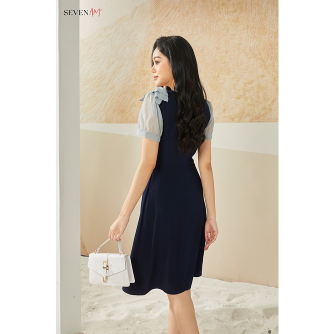 Đầm A Seven.AM Tay Cộc Màu Xanh Than Thiết Kế Cổ V Trang Trí Nơ Vắt Vai FH603034