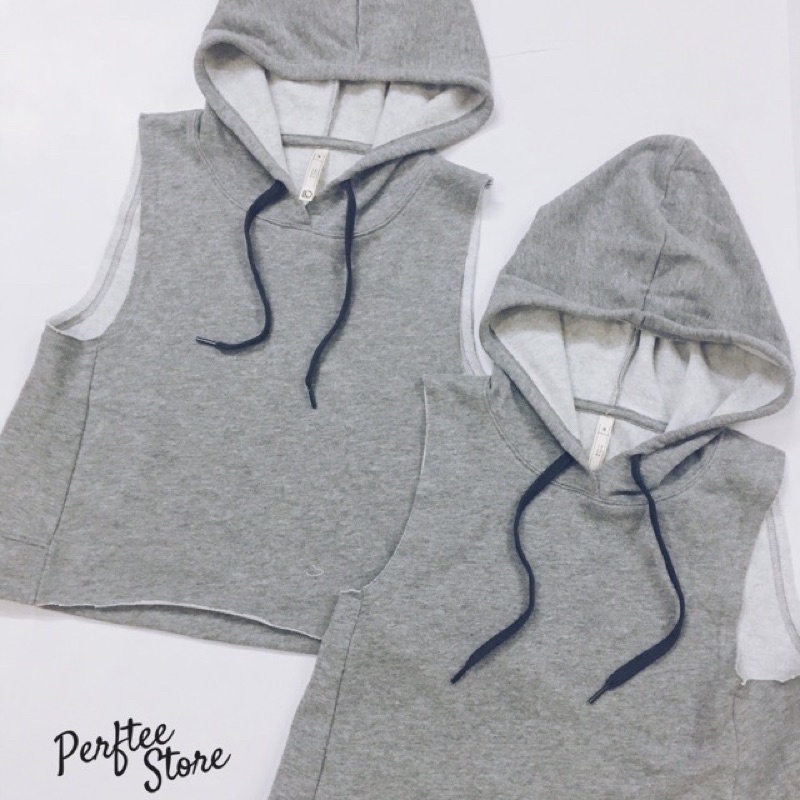 Áo croptop ba lỗ kèm mũ hoodie cá tính màu xám tiêu