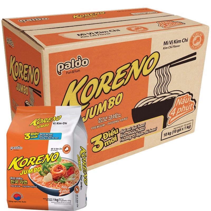 Mì koreno jumbo vị bò cay, vị kim chi - 10gói/lốc