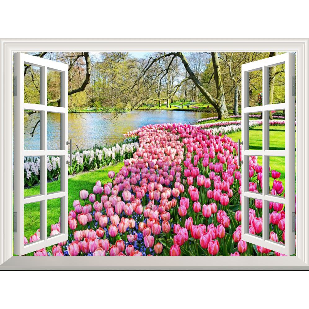 Tranh dán tường 3D cửa sổ vườn hoa - Vải lụa phủ kim sa