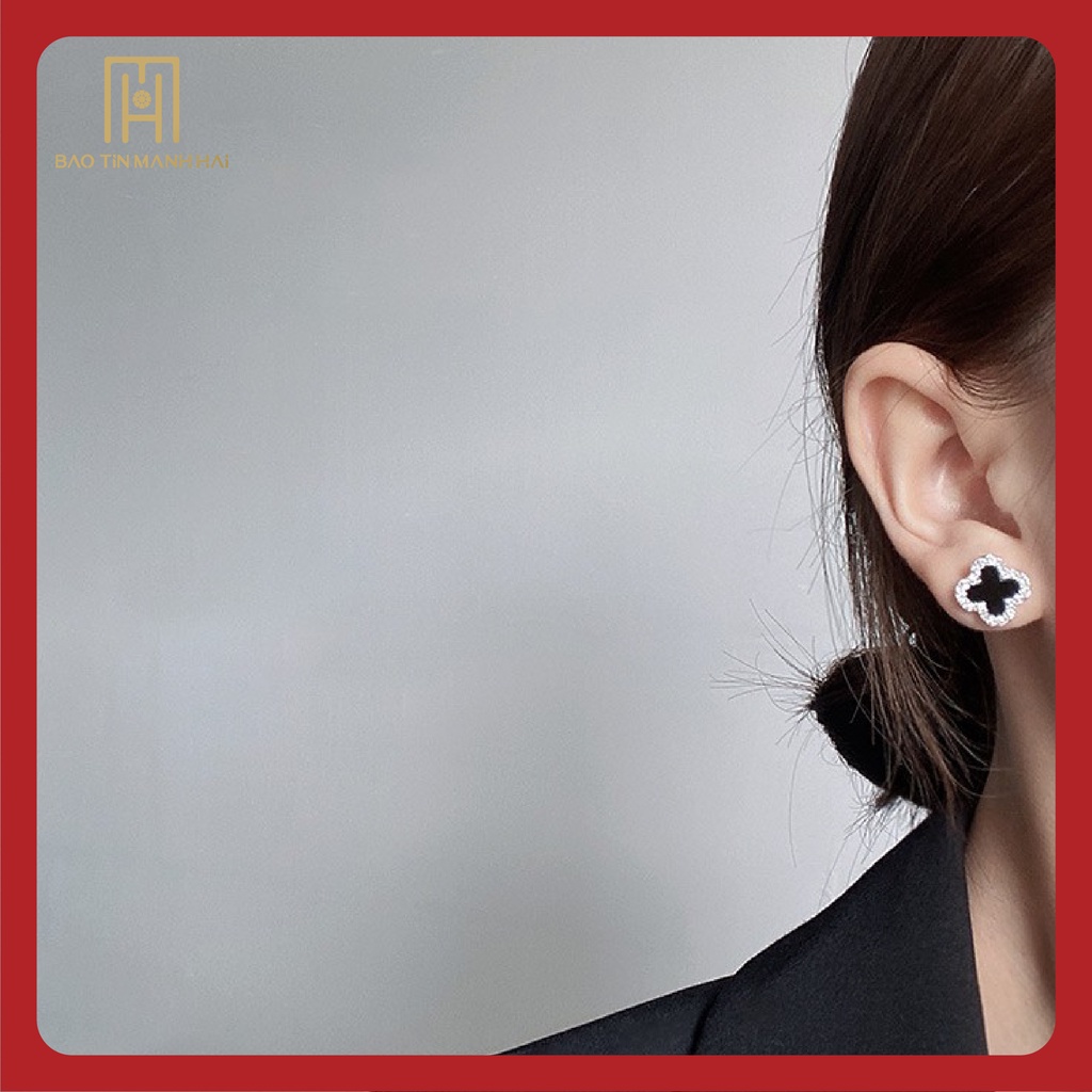 Bông tai bạc màu đen viền đá nhỏ 4 lá phong cách Hàn Quốc BTB06 Bảo Tín Mạnh Hải