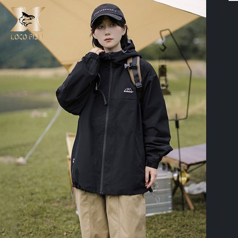 Áo khoác LOCO FISH chống nước thoáng khí có mũ trùm đầu phối khóa kéo phong cách Nhật Bản cho hoạt động ngoài trời