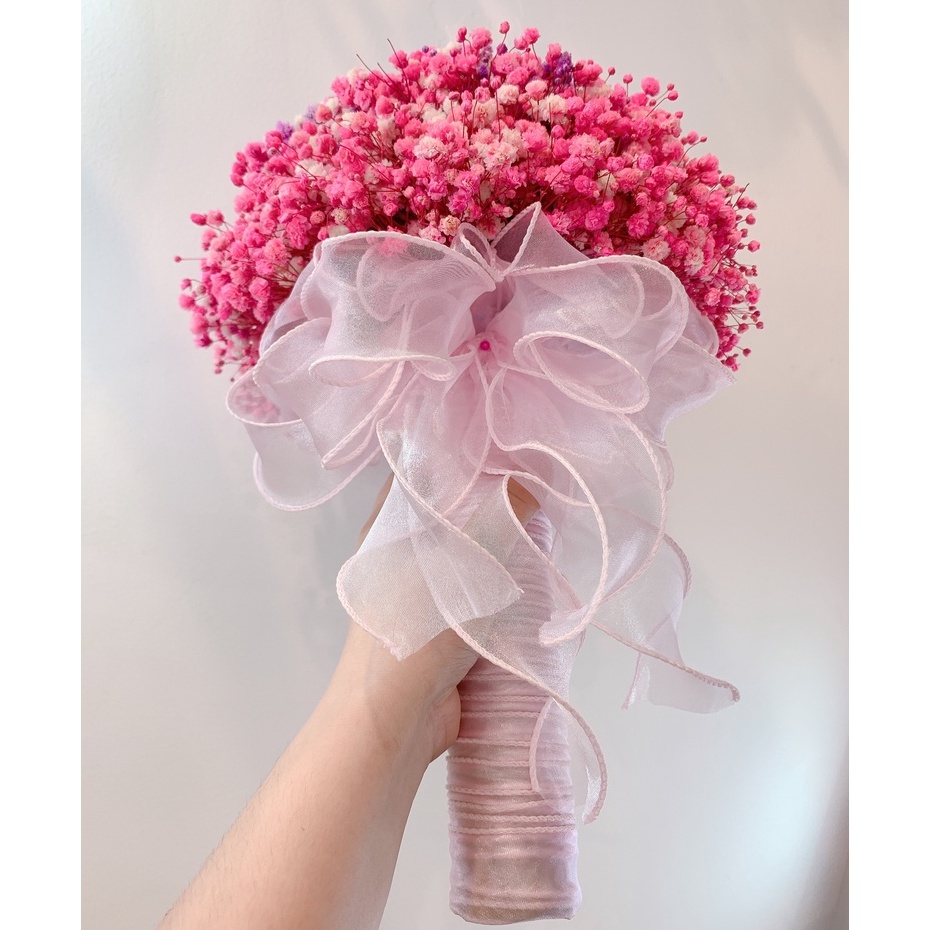 Hoa cưới bó hoa baby khô cầm tay cô dâu tông màu hồng phấn nhẹ nhàng (tặng kèm hoa cài áo chú rể)