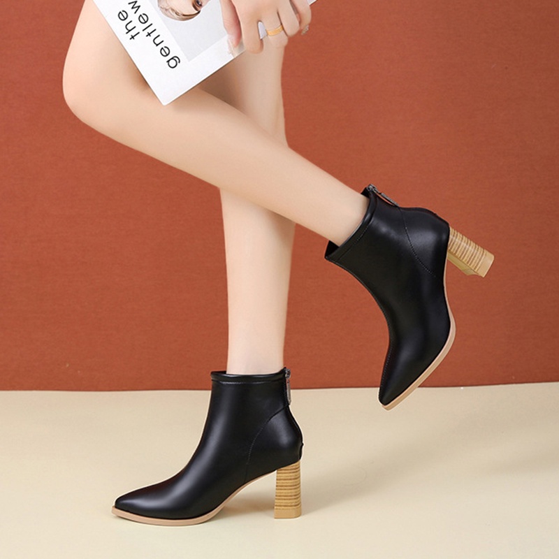 Giày bốt IELGY Martin mũi nhọn gót dày ngắn lưng phối khóa kéo kiểu Hàn Quốc cá tính cho bạn gái