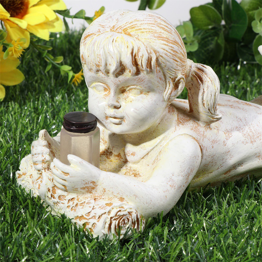 MIOSHOP Decor Outdoor Statues Firefly Jar Decorative Garden Sculptures Resin Ornament Children Boy Girl Solar Light