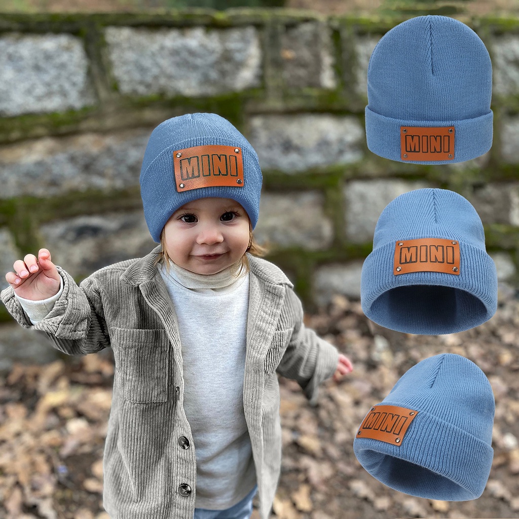 Mũ Beanie Dệt Kim Màu Trơn Giữ Ấm Mùa Đông In Chữ Hàn Quốc Cho Bé Sơ Sinh
